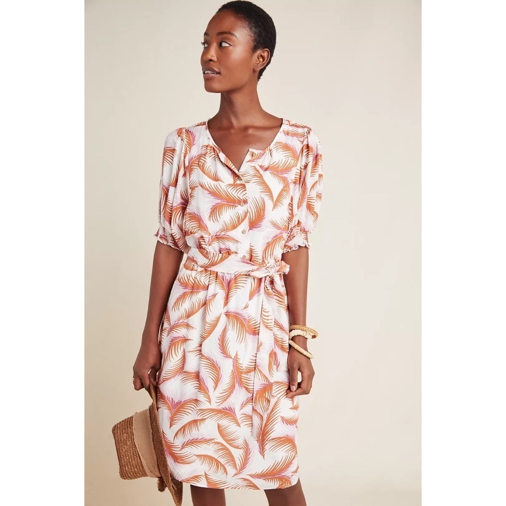 by Anthropologie Nicole Puff Sleeve Belted Linen Blend Shirt Dress Leaf Print XS